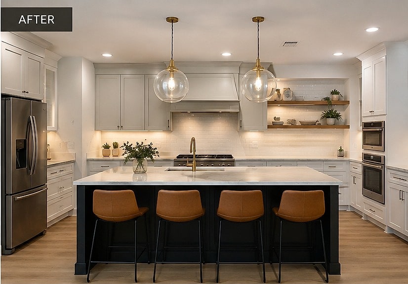 Whole-home remodel in Tampa — new kitchen with quartz island after renovation