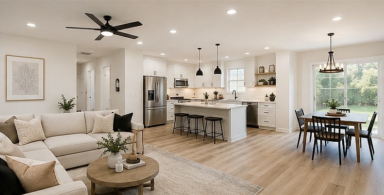 Whole-home remodel in Tampa — open-plan living and dining area after renovation